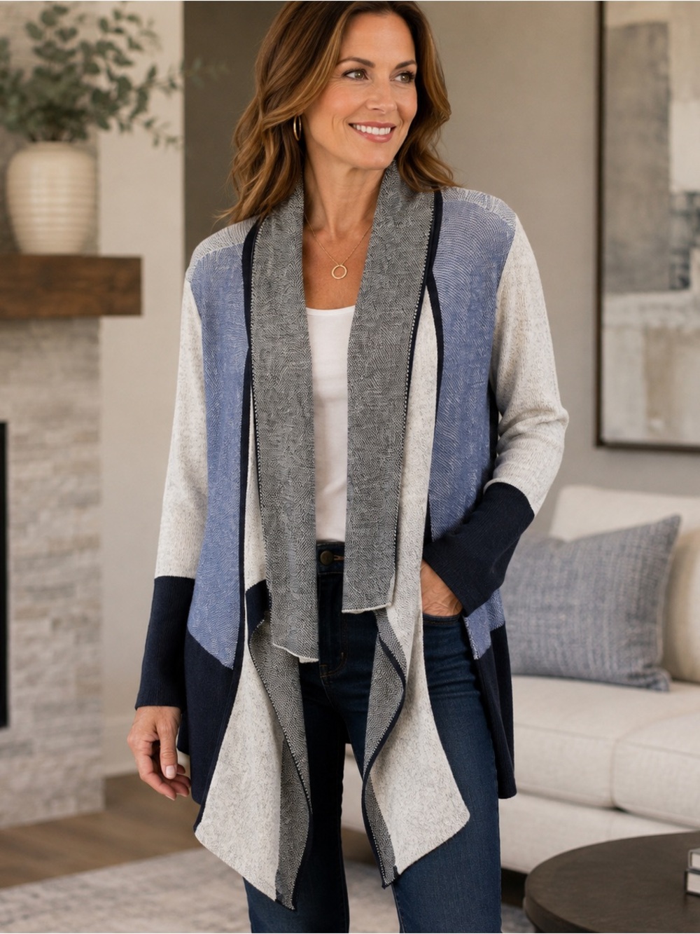 Tribal Women’s Colorblock Draped Cardigan Size S Blue Gray Longline Open Front